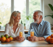 Couple senior souriant avec vitamine C liposomale à la maison