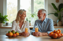Couple senior souriant avec vitamine C liposomale à la maison