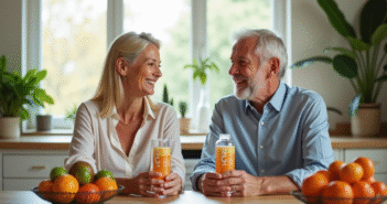 Couple senior souriant avec vitamine C liposomale à la maison