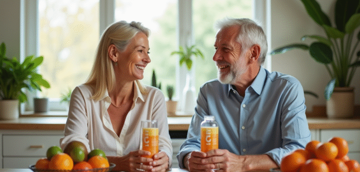 Couple senior souriant avec vitamine C liposomale à la maison