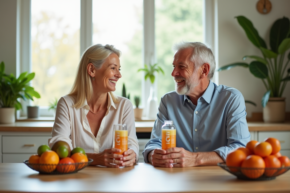 Couple senior souriant avec vitamine C liposomale à la maison