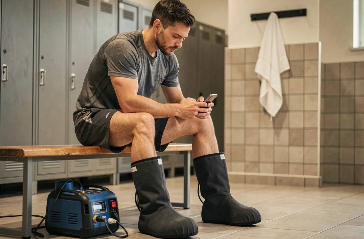 Coureur masculin utilisant des bottes de compression pneumatiques après l'entraînement dans un vestiaire de salle de sport