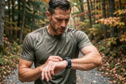 Coureur masculin vérifiant sa montre GPS pour convertir ses pas en kilomètres sur un sentier forestier