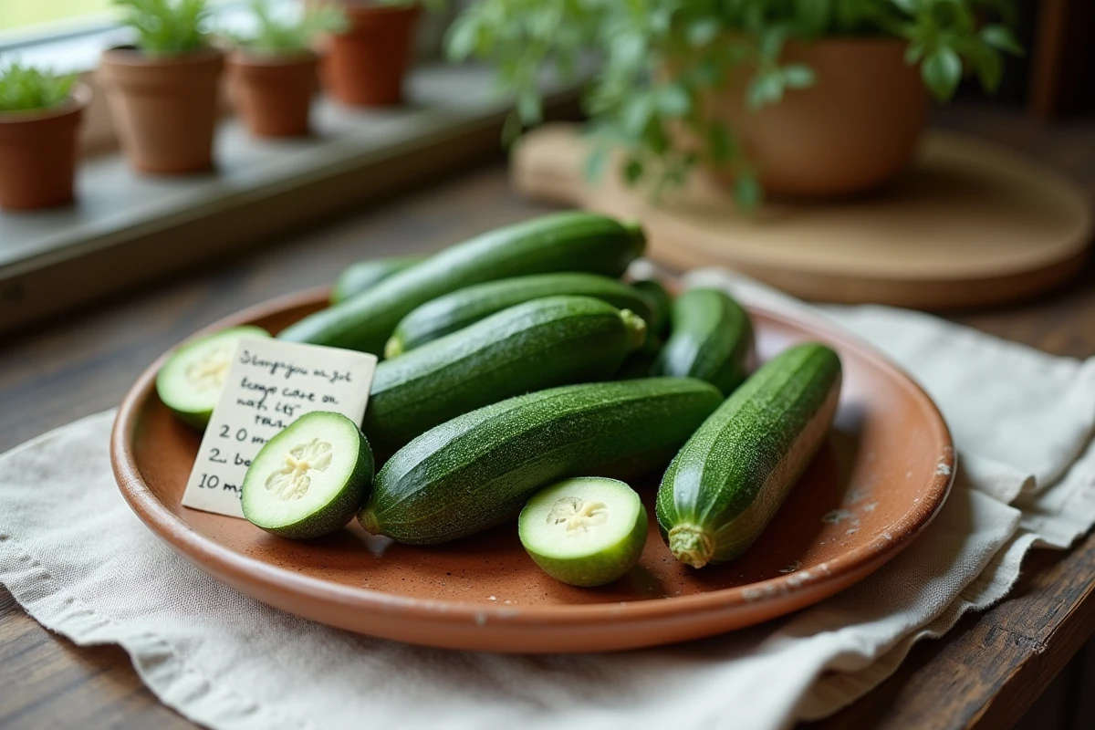 Courgettes fraîches entières et coupées sur une assiette en céramique avec des notes nutritionnelles, représentant les atouts de la courgette pour la grossesse