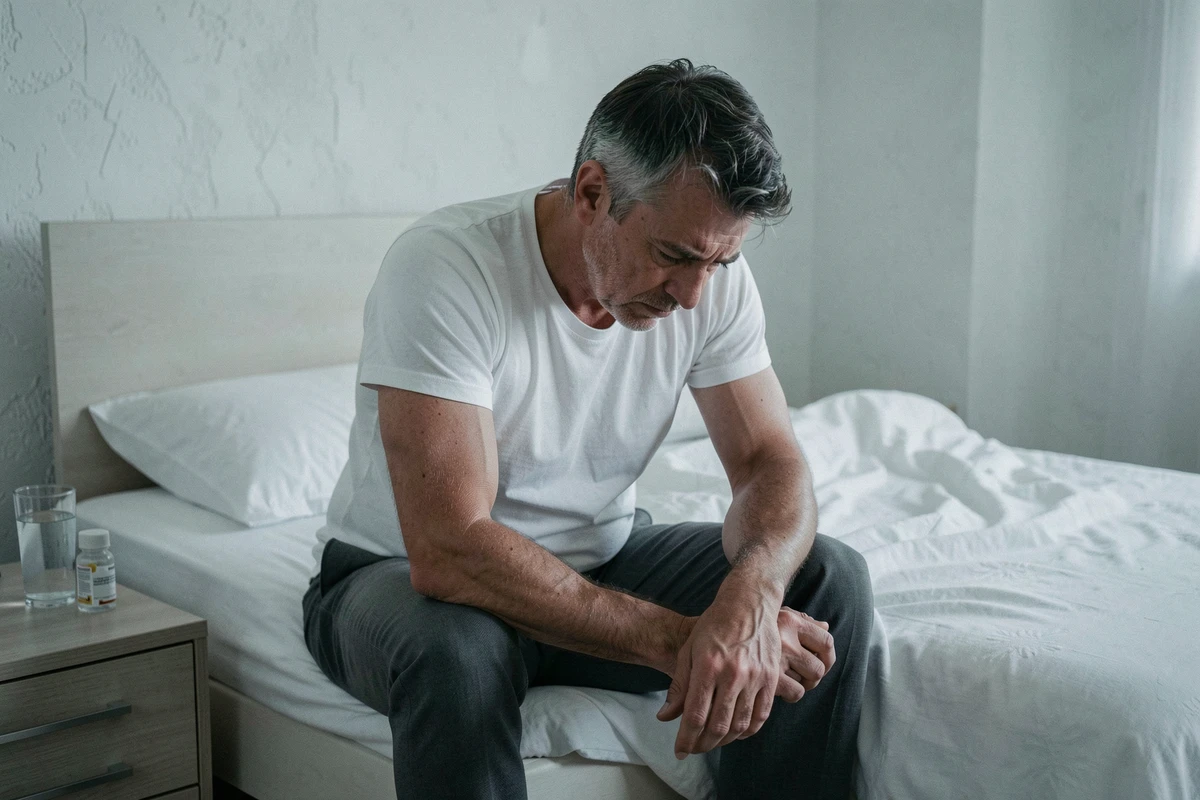 Homme d'une cinquantaine d'années assis au bord d'un lit, tête baissée, illustrant la culpabilité et la fatigue émotionnelle associées aux maladies digestives comme le diverticule