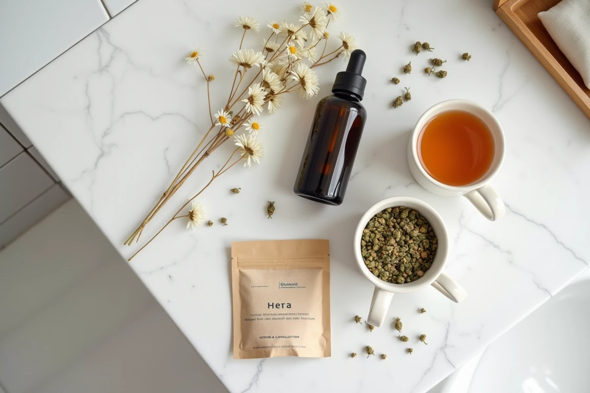 Mise en scène d'une cure Lulutox avec tisane détox et compléments sur marbre blanc