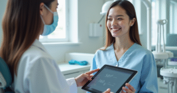 Dentiste expliquant le coût du nettoyage dentaire à une jeune femme avec une tablette