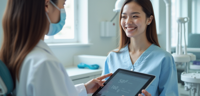 Dentiste expliquant le coût du nettoyage dentaire à une jeune femme avec une tablette