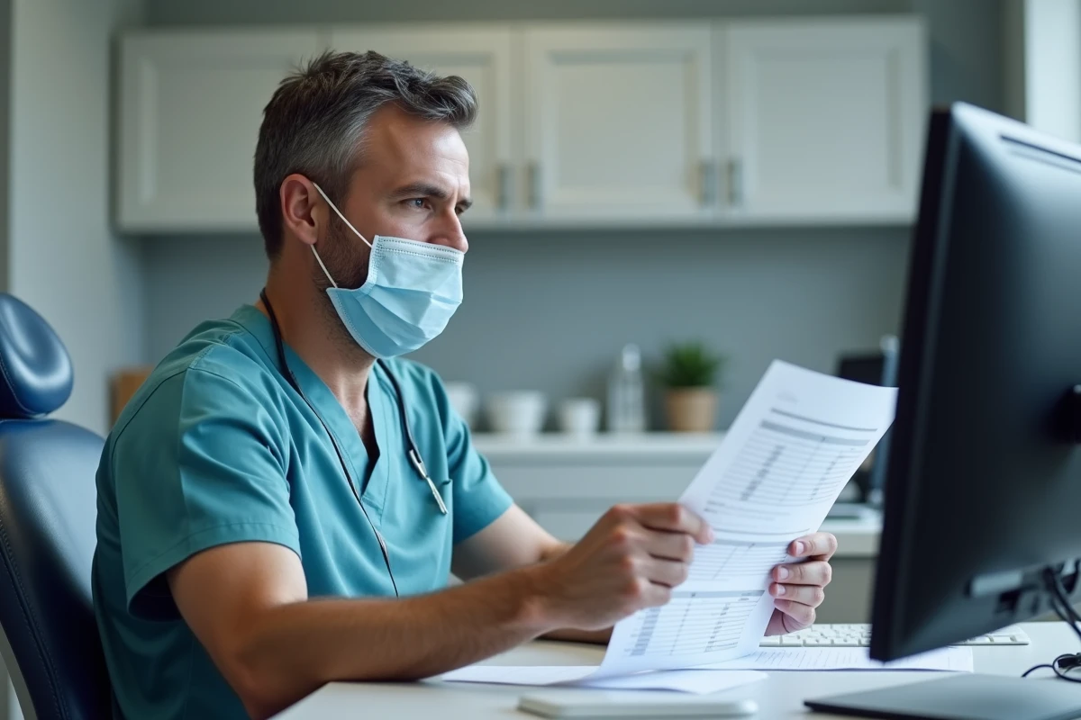 Dentiste masculin gérant des dossiers de remboursement et prises en charge dans un cabinet dentaire contemporain
