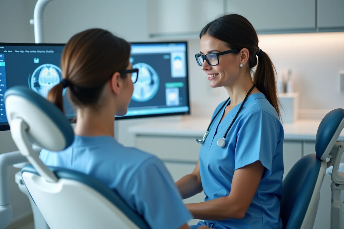 Dentiste féminin utilisant un écran tactile dans un cabinet dentaire moderne