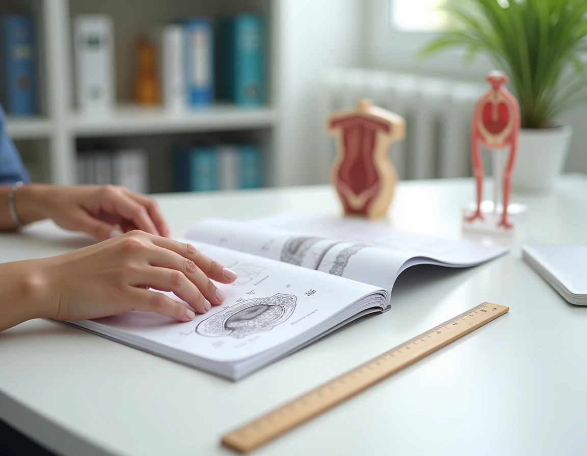 Gros plan éducatif sur un bureau médical avec un livret de diagrammes de dilatation du col, un modèle anatomique pelvien et une règle de 10 centimètres, illustrant les stades d'ouverture cervicale pendant le travail