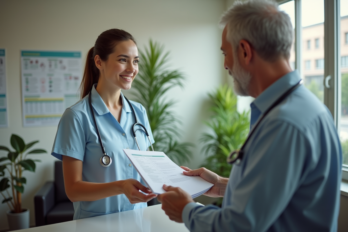 Jeune professionnelle de santé remettant un dépliant à un patient