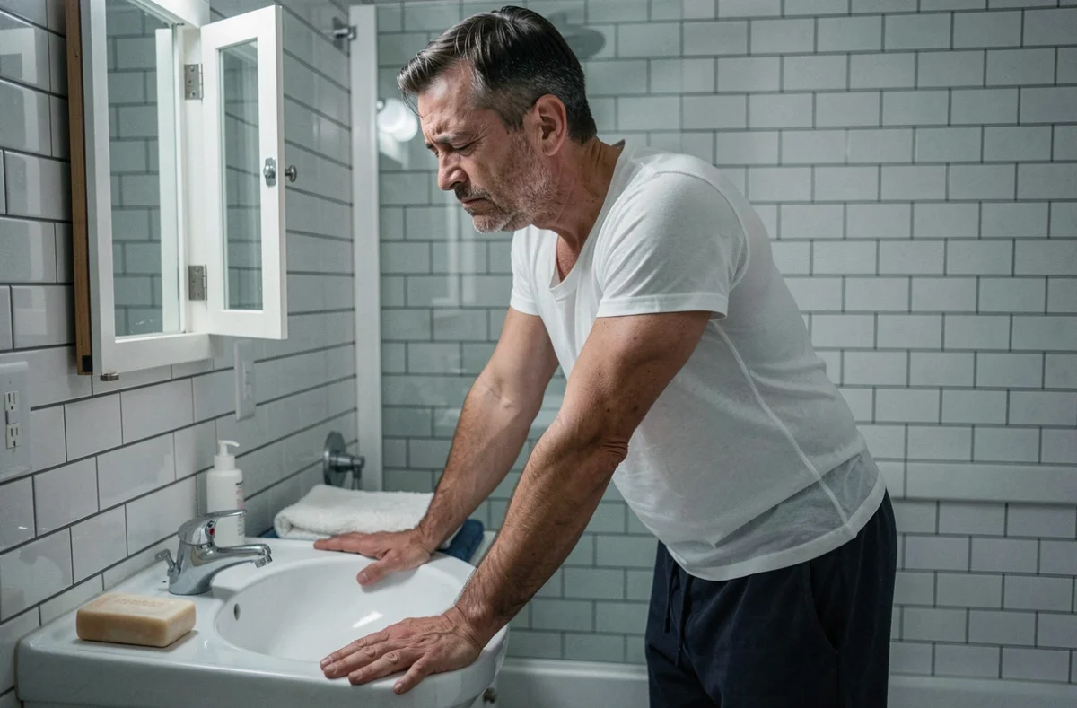 Homme en douleur penché au-dessus d'un lavabo de salle de bain tenant son abdomen droit avec nausée visible
