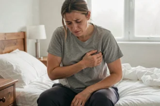 Femme en pyjama assise sur un lit tenant son côté droit sous les côtes avec une expression de douleur abdominale