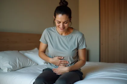 Femme appuyant la main droite sous les côtes en signe de douleur abdominale assise sur un lit