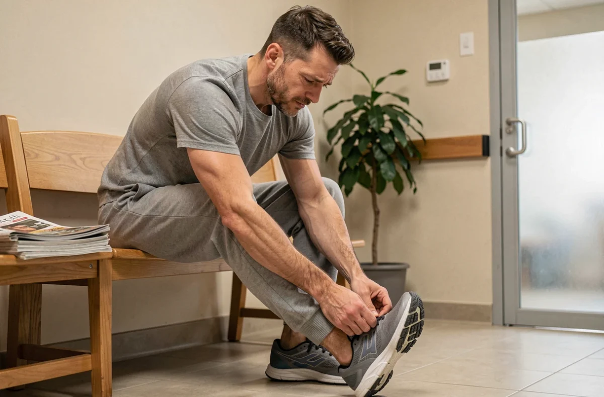 Homme souffrant de douleur au talon d'Achille en salle d'attente avant consultation podologique pour bursite