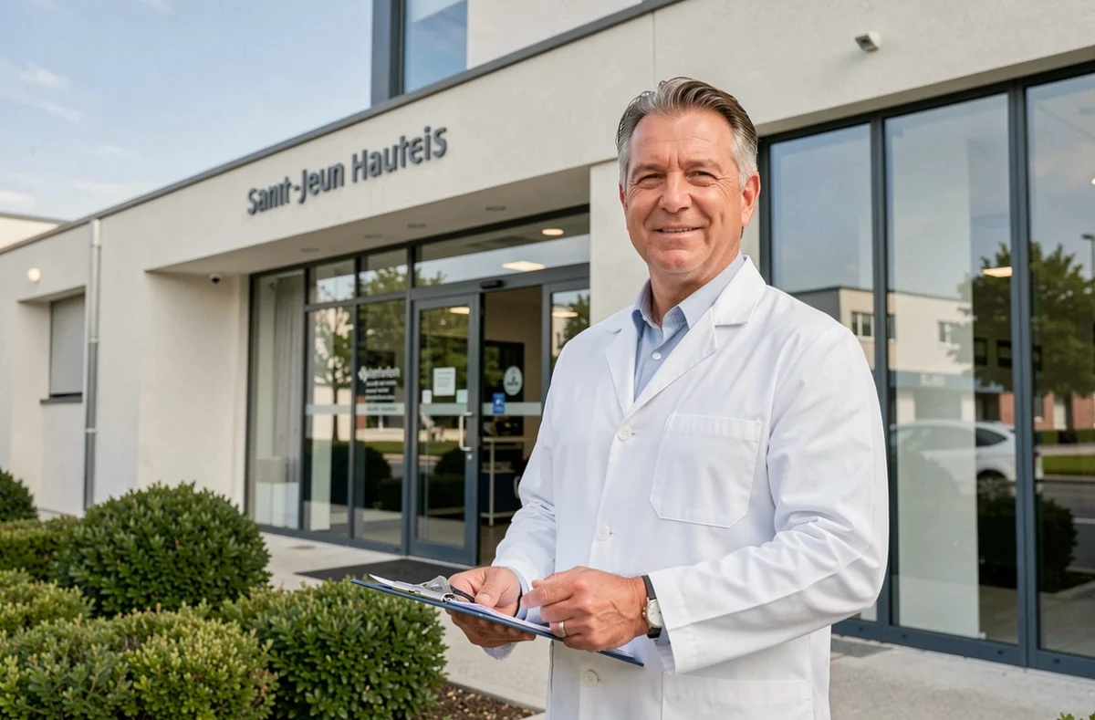 Chirurgien plasticien posant devant la façade d'une clinique moderne à Saint-Jean en Haute-Garonne