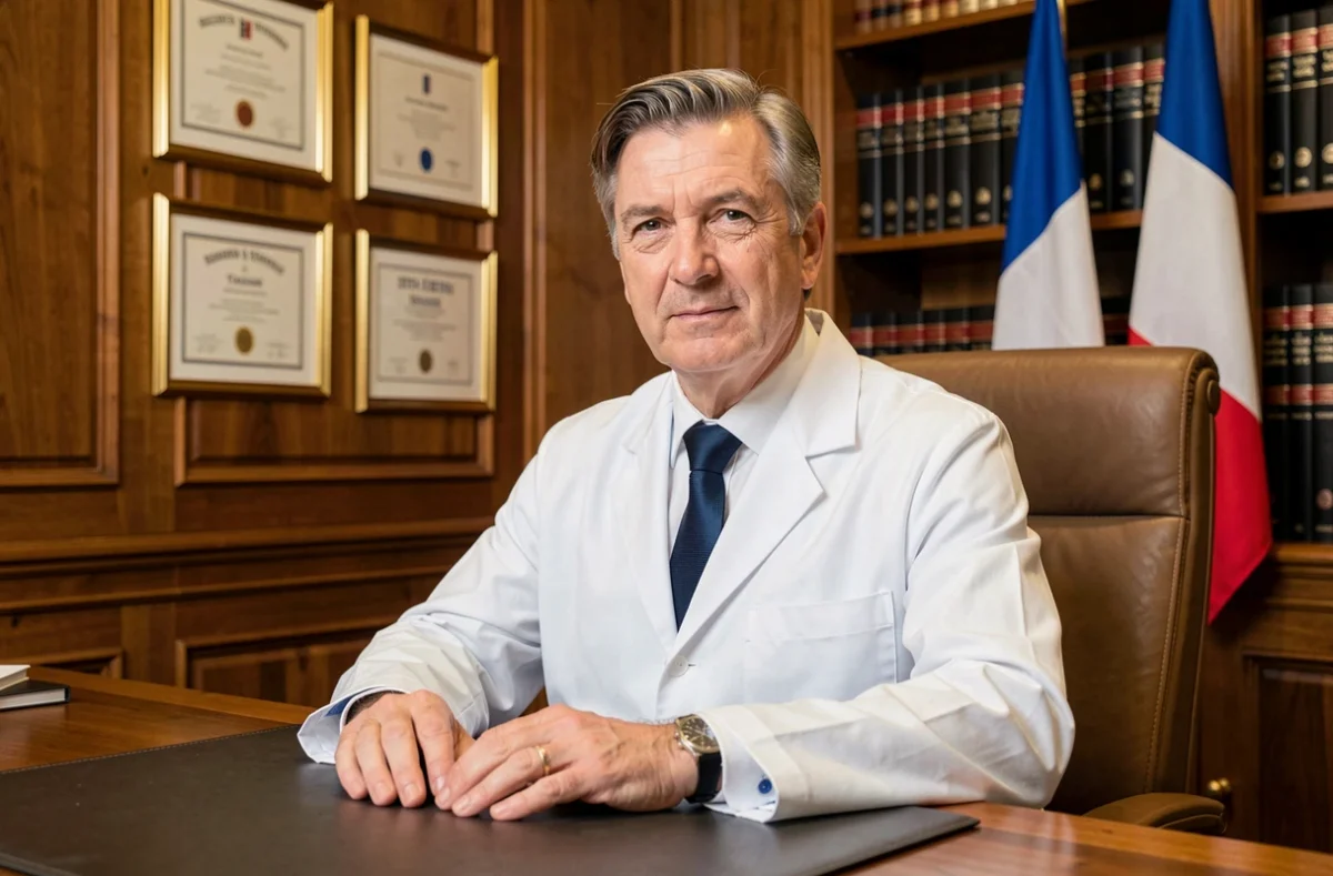 Chirurgien esthétique expérimenté incarnant l'éthique et la déontologie médicale dans un bureau classique à Toulouse