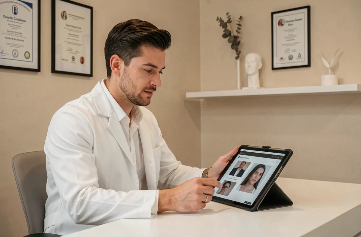Jeune chirurgien plasticien consultant sur tablette dans un cabinet esthétique moderne à Toulouse