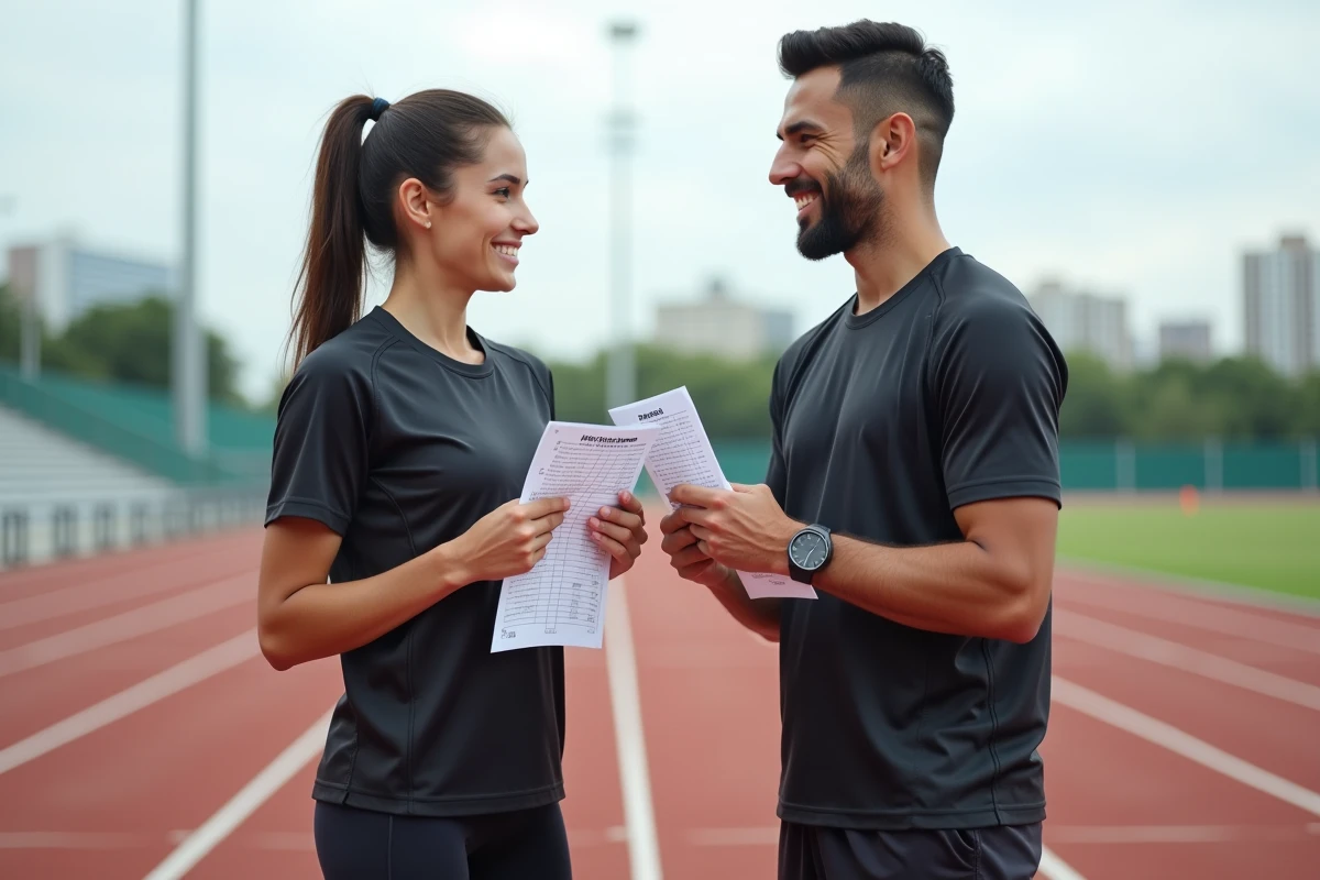 Deux sportifs comparant leurs résultats mesurés de la méthode Power 1000 sur une piste d'athlétisme après 30 jours