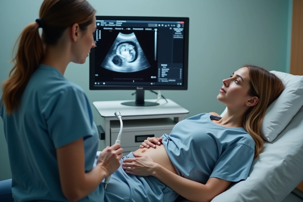 Femme allongée pour une échographie ovarienne, regardant le moniteur avec une technicienne médicale durant une grossesse
