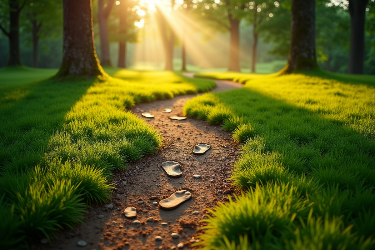 Empreintes sur un sentier verdoyant au parc au matin