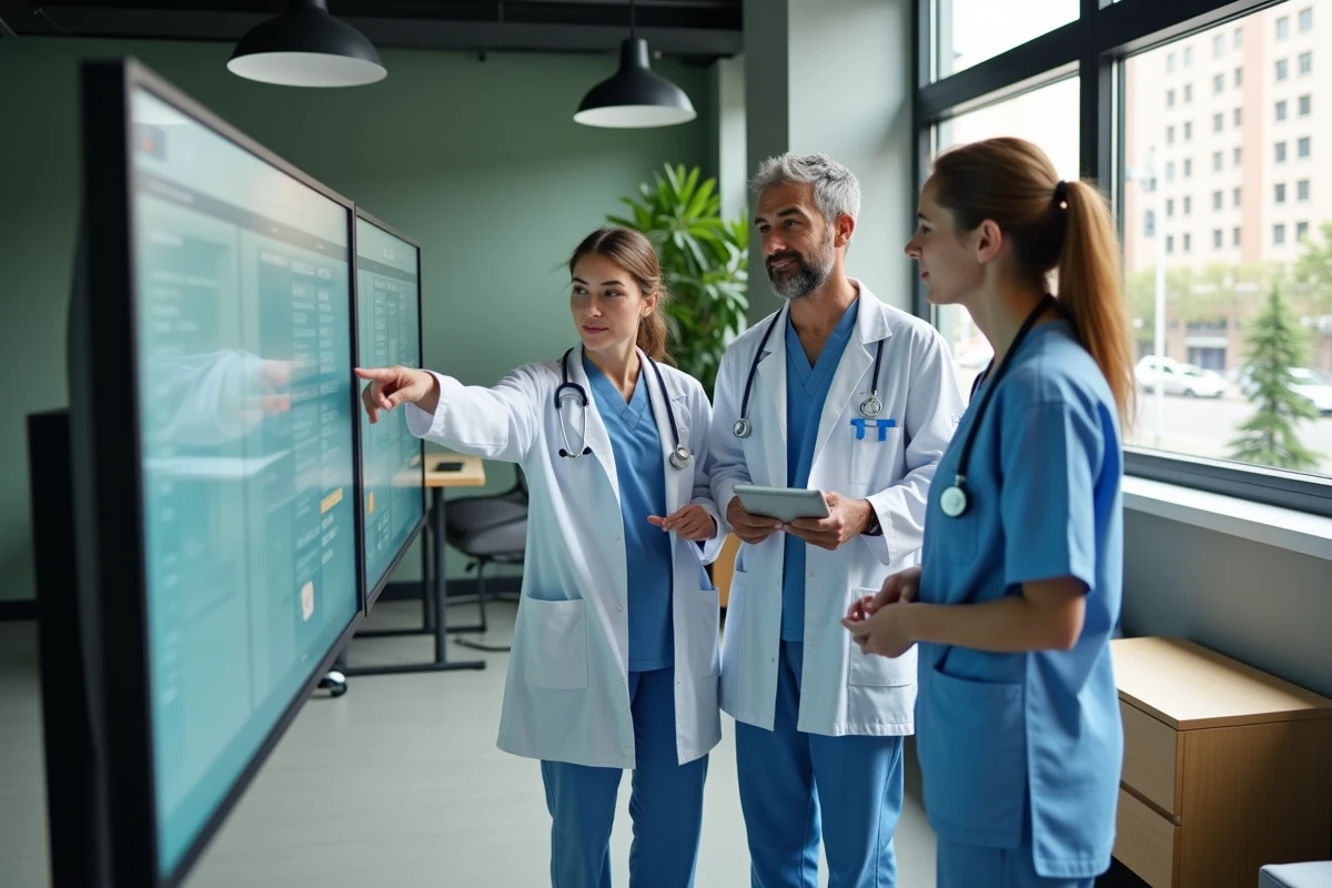 Équipe de professionnels de santé en maison de santé pluridisciplinaire consultant un logiciel de gestion médicale partagé