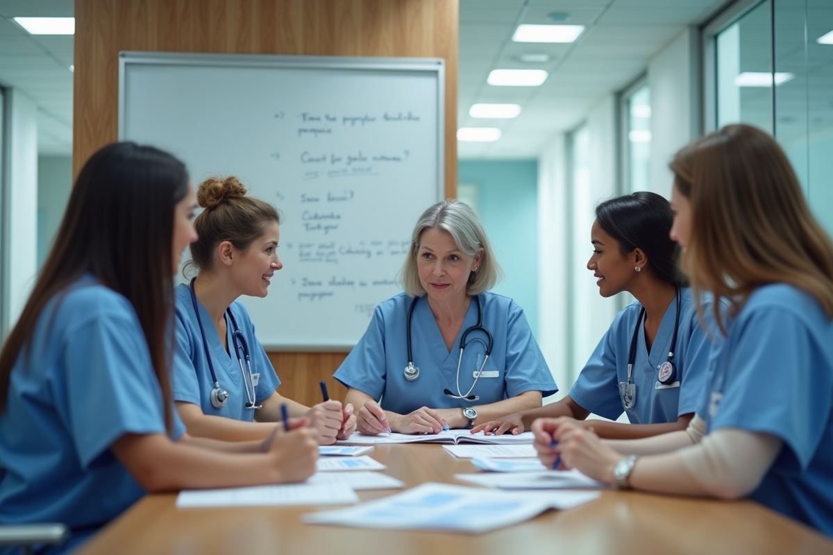Equipe multidisciplinaire en réunion dans une salle de consultation