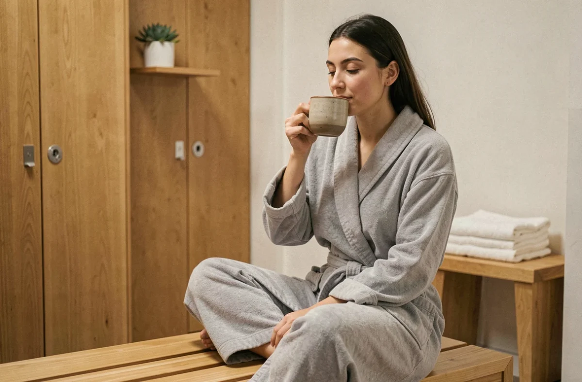 Femme en robe de soin savourant une tisane après un massage dans un espace bien-être à Toulouse
