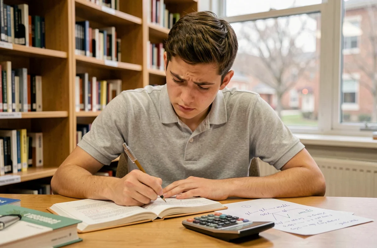 Étudiant en pharmacie calculant des concentrations en g/L et mol/L avec des notes manuscrites et une calculatrice scientifique