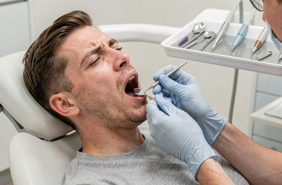 Patient en cabinet dentaire lors d'un examen des dents de sagesse avec gonflement de la mâchoire