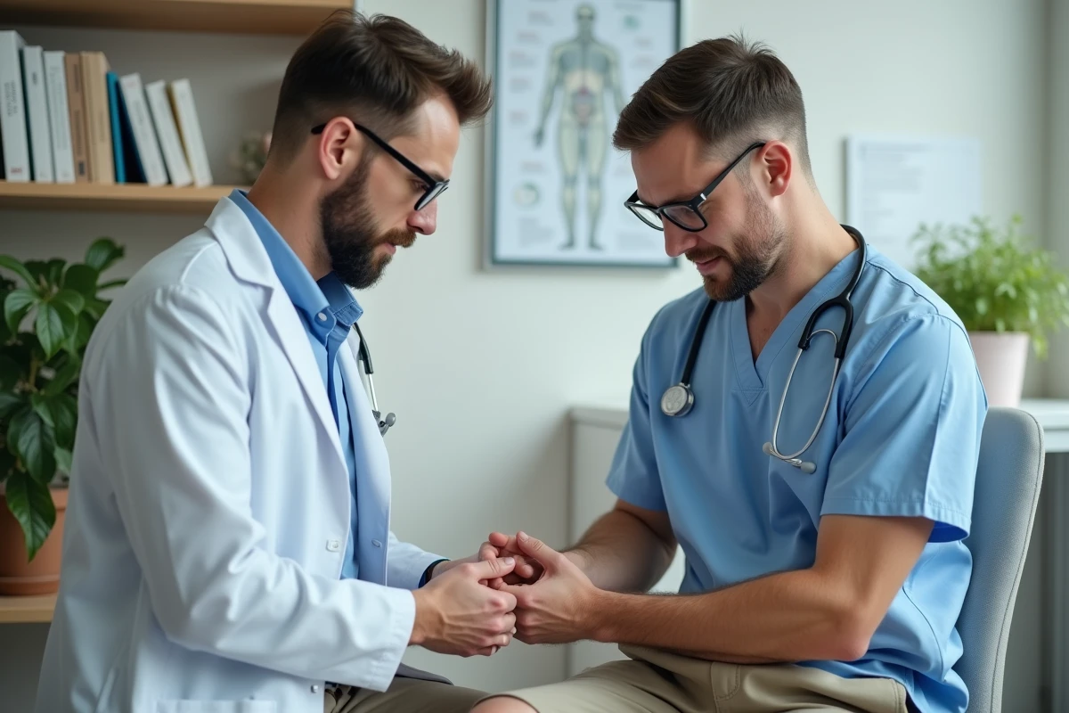 Médecin examinant les ganglions inguinaux enflés d'un patient masculin en consultation