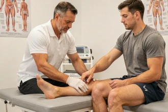 Physiothérapeute examinant une cheville blessée avec hématome osseux après une entorse ligamentaire