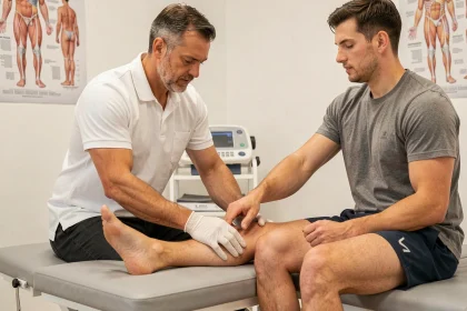 Physiothérapeute examinant une cheville blessée avec hématome osseux après une entorse ligamentaire