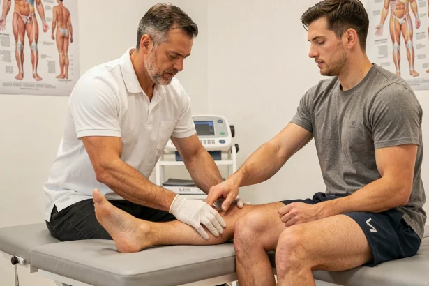 Physiothérapeute examinant une cheville blessée avec hématome osseux après une entorse ligamentaire