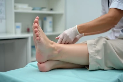Femme d'âge moyen consultante montrant une douleur dans le mollet lors d'un examen médical vasculaire