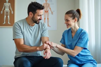 Physiothérapeute examinant le nerf du bras d'un patient souffrant de contractions musculaires involontaires