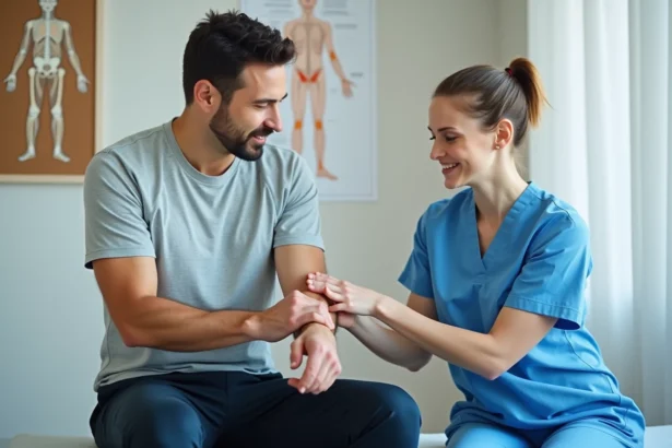 Physiothérapeute examinant le nerf du bras d'un patient souffrant de contractions musculaires involontaires