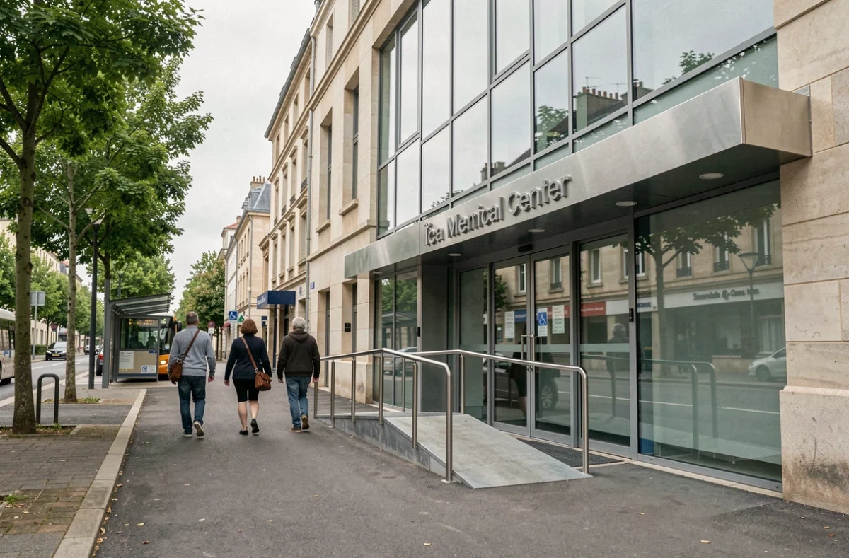 Façade accessible d'un centre d'imagerie médicale bien desservi en transports en commun en Île-de-France