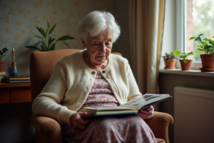 Femme agee regardant un album photo dans un salon chaleureux