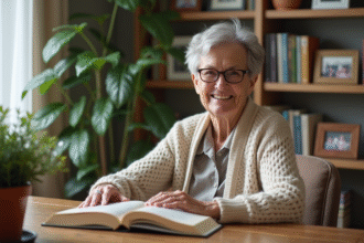 Femme âgée lisant un livre dans un salon chaleureux