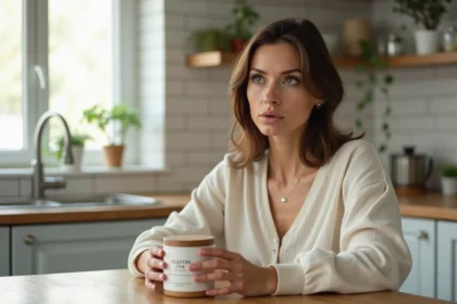 Femme scrutant avec méfiance un pot de tisane Lulutox dans une cuisine moderne, analyse critique d'un complément alimentaire minceur