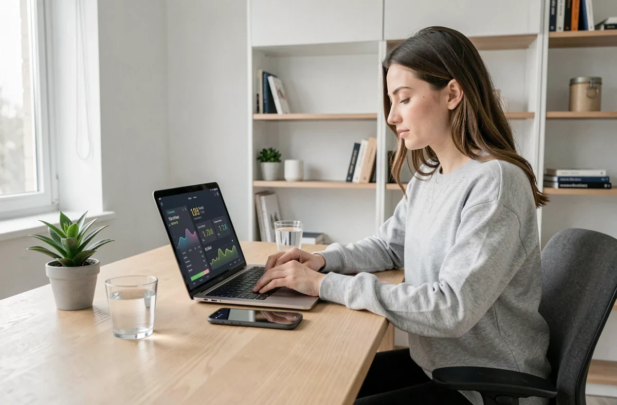 Femme utilisant une application de conversion pas en kilomètres sur ordinateur et smartphone à son bureau