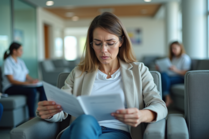 Femme anxieuse dans une salle d'attente hospitalière