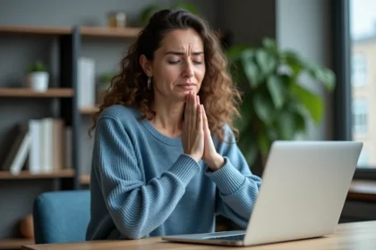 Femme pensive au bureau avec mains qui piquent