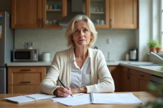 Femme française avec formulaire de carte vitale à la maison