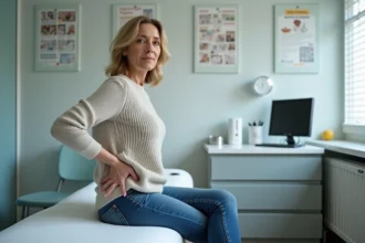 Femme d'environ 50 ans en consultation médicale dans un cabinet moderne