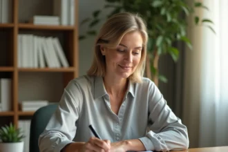 Femme consultant des documents de mutuelle santé à son bureau à domicile, illustrant la gestion de la franchise et du reste à charge avec NoveoCare