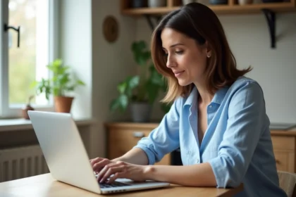 Femme consultant ses résultats d'analyses médicales sur un ordinateur portable via Laboconnect
