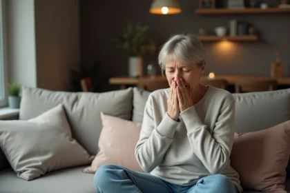 Femme d'âge moyen en détente dans son salon